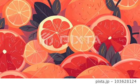 Fresh Organic Grapefruit Fruit Cartoon Horizontal Background Illustration. Healthy Vegetarian Diet. Ai Generated drawing Background Illustration with Delicious Juicy Grapefruit Fruit. 103628124