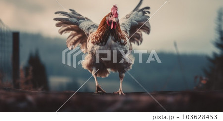 A chicken standing on top of a roof. Generative AI image. A chicken standing on top of a roof. Generative AI image. 103628453