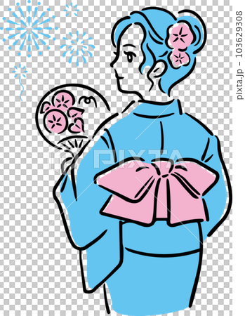 Summer yukata women fireworks festival hand drawn kimono simple stylish illustration materials 103629308