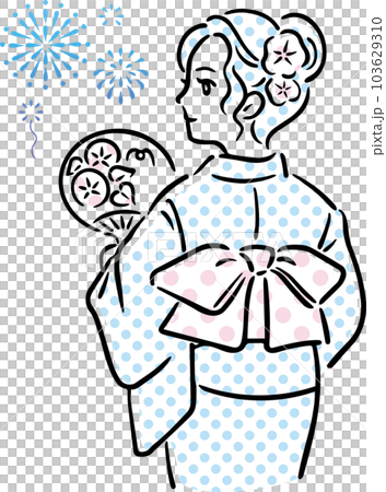 Summer yukata women fireworks festival hand drawn kimono simple pop illustration material 103629310