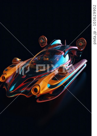 A futuristic race car is shown on a black background. Generative AI image. 103629902