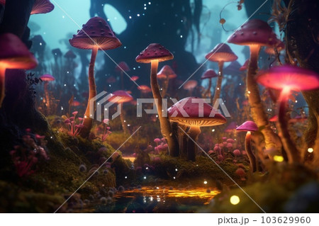 A group of mushrooms that are standing in the grass. Generative AI image. A group of mushrooms that are standing in the grass. Generative AI image. 103629960