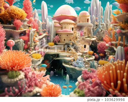 A miniature model of a castle surrounded by corals. Generative AI image. 103629998