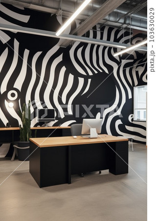 A zebra print wall in a modern office. Generative AI image. A zebra print wall in a modern office. Generative AI image. 103630029