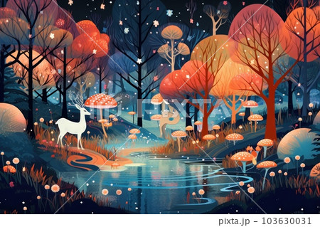 A painting of a white horse in a forest. Generative AI image. A painting of a white horse in a forest. Generative AI image. 103630031