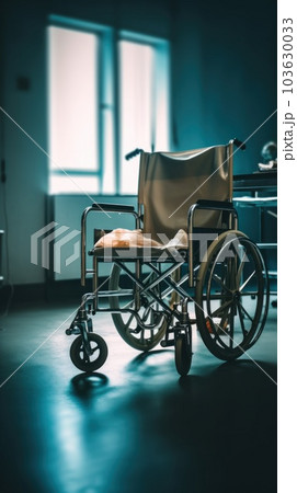 An empty wheelchair in a dark room. Generative AI image. An empty wheelchair in a dark room. Generative AI image. 103630033