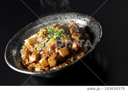 小ねぎとお豆腐たっぷりピリ辛熱々麻婆豆腐丼を黒背景で撮影 小ねぎとお豆腐たっぷりピリ辛熱々麻婆豆腐丼を黒背景で撮影 103630370