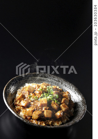 小ねぎとお豆腐たっぷりピリ辛熱々麻婆豆腐丼を黒背景で撮影 小ねぎとお豆腐たっぷりピリ辛熱々麻婆豆腐丼を黒背景で撮影 103630384