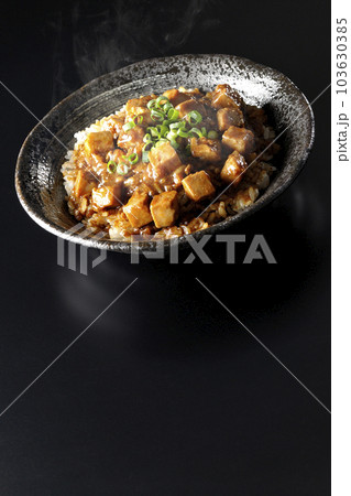 小ねぎとお豆腐たっぷりピリ辛熱々麻婆豆腐丼を黒背景で撮影 小ねぎとお豆腐たっぷりピリ辛熱々麻婆豆腐丼を黒背景で撮影 103630385