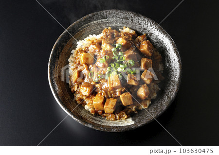 小ねぎとお豆腐たっぷりピリ辛熱々麻婆豆腐丼を黒背景で俯瞰撮影 小ねぎとお豆腐たっぷりピリ辛熱々麻婆豆腐丼を黒背景で俯瞰撮影 103630475