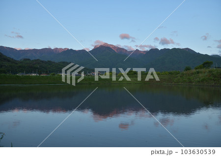 北杜市白州町、朝日が照らす甲斐駒の山並みを映す水田 北杜市白州町、朝日が照らす甲斐駒の山並みを映す水田 103630539