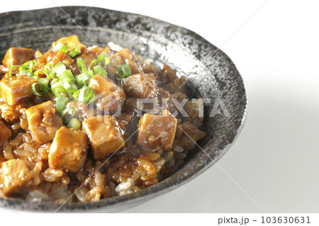 小ねぎとお豆腐たっぷりピリ辛熱々麻婆豆腐丼を白背景で撮影 小ねぎとお豆腐たっぷりピリ辛熱々麻婆豆腐丼を白背景で撮影 103630631
