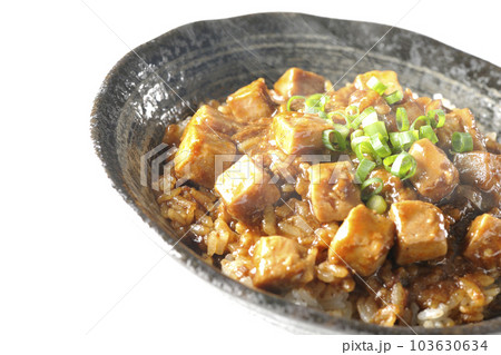 小ねぎとお豆腐たっぷりピリ辛熱々麻婆豆腐丼を白背景で撮影 小ねぎとお豆腐たっぷりピリ辛熱々麻婆豆腐丼を白背景で撮影 103630634