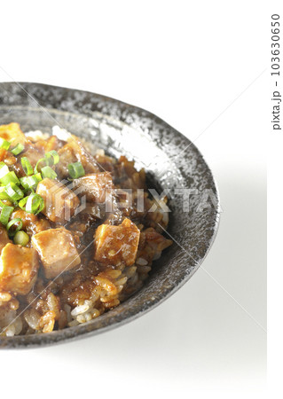 小ねぎとお豆腐たっぷりピリ辛熱々麻婆豆腐丼を白背景で撮影 103630650