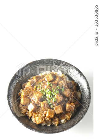 小ねぎとお豆腐たっぷりピリ辛熱々麻婆豆腐丼を白背景で俯瞰撮影 小ねぎとお豆腐たっぷりピリ辛熱々麻婆豆腐丼を白背景で俯瞰撮影 103630805