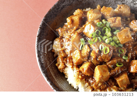 小ねぎとお豆腐たっぷりピリ辛熱々麻婆豆腐丼を俯瞰で撮影 小ねぎとお豆腐たっぷりピリ辛熱々麻婆豆腐丼を俯瞰で撮影 103631213