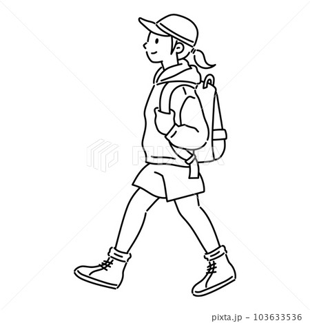 ハイキングを楽しむ女性・線画 103633536