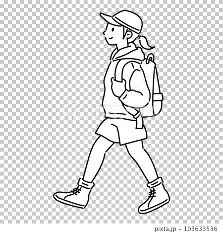 ハイキングを楽しむ女性・線画 103633536