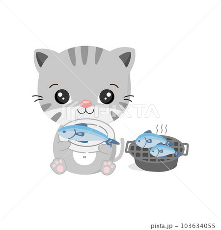 cat eating fish clipart