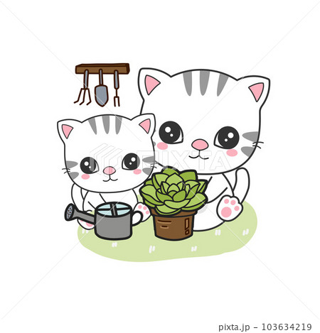 Cat mom and baby planting garden.Cute cartoon character.	 103634219