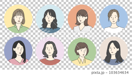 ネガティブな表情の女性たち 丸アイコンセット 103634634