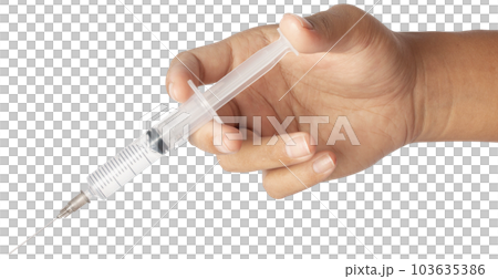 Syringe medical injection in hand. 103635386