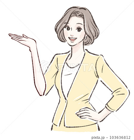 指差し,ポイント,解説,説明,注目,教える,教師,講師,先生,専門家,解説者,女性のイラスト素材 103636812