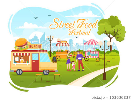 Street Food Festival Event Vector Illustration with People and Foods Trucks in Summer Outdoor City Park in Flat Cartoon Hand Drawn Templates 103636837