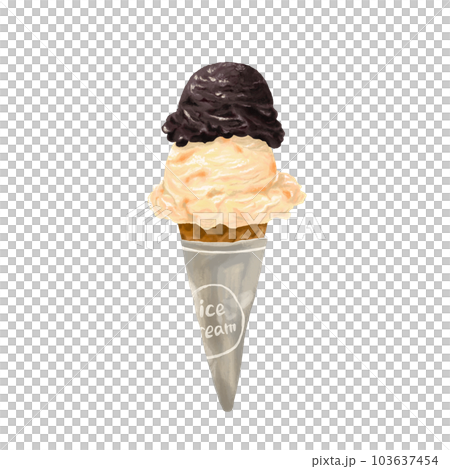 Vanilla and chocolate ice cream in a waffle cone hand drawn style illustration 103637454