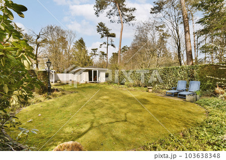 a backyard area with a lawn, chairs and trees in the fore - image was taken from an aerial view a backyard area with a lawn, chairs and trees in the fore - image was taken from an aerial view 103638348