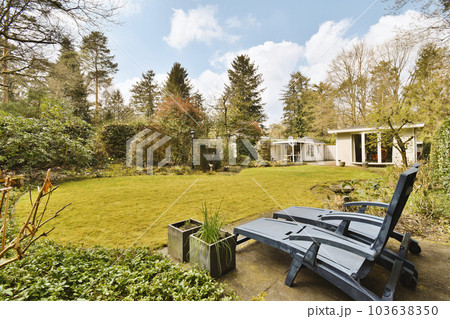 a backyard area with a lawn, chair and house in the background on a sunny day photo taken from behind a backyard area with a lawn, chair and house in the background on a sunny day photo taken from behind 103638350