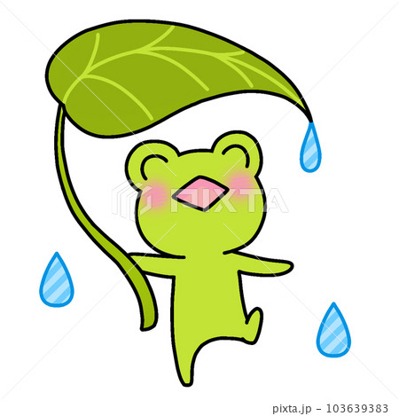 笑顔で葉っぱの傘をさすカエルのイラスト 103639383