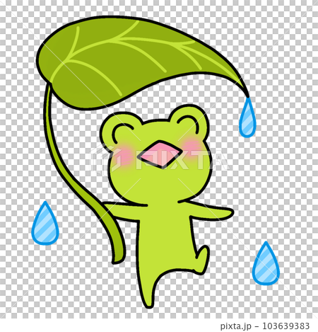 笑顔で葉っぱの傘をさすカエルのイラスト 103639383