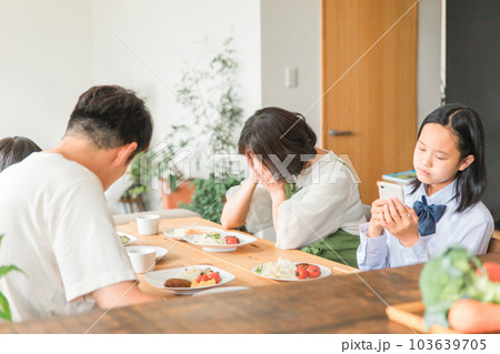 食事中にスマホを使う反抗期の子供と困る両親・家族 食事中にスマホを使う反抗期の子供と困る両親・家族 103639705