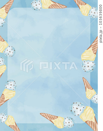 水彩で描いた夏のチョコミントとバニラのアイスクリームの縦フレーム背景 103639800