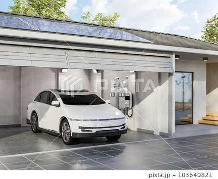 Solar panel on roof generate electricity for home garage with ev charger Solar panel on roof generate electricity for home garage with ev charger 103640821