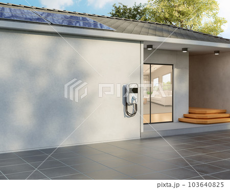 Solar panel on roof generate electricity for home garage with ev charger 103640825
