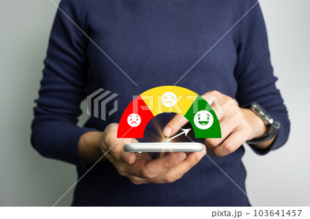 Customer satisfaction very good service with smart phone, impression of take care and attention, choose a smiley face icon, answer the survey, give the highest score, very happy feedback from guest. 103641457