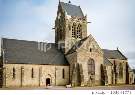 the historical church of Sainte Mere Eglise in Normandy, France the historical church of Sainte Mere Eglise in Normandy, France 103641775