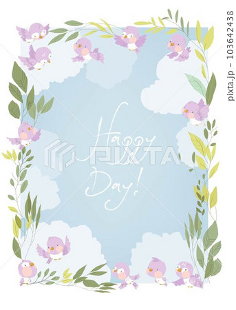 Cartoon Frame with Cute Little Birds and Plants 103642438