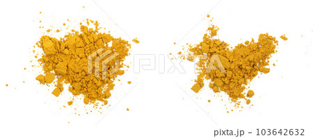 Turmeric or Curcuma powder pile isolated on white background, top view Turmeric or Curcuma powder pile isolated on white background, top view 103642632