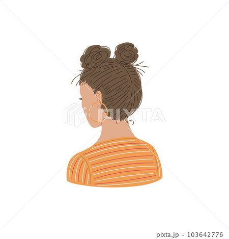 Vector isolated Illustration of pretty hairstyle of a lady with brunette, brown hair pulled up and tied in two balls, back view Vector isolated Illustration of pretty hairstyle of a lady with brunette, brown hair pulled up and tied in two balls, back view 103642776