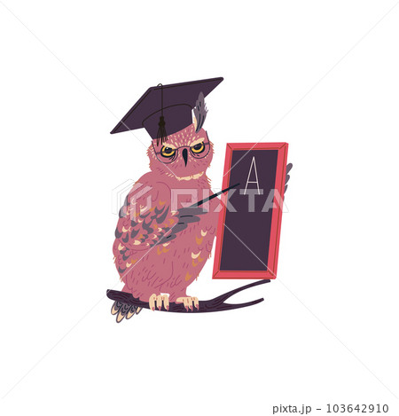 Owl in glasses and graduation cap holding pointer and board and sitting on branch Owl in glasses and graduation cap holding pointer and board and sitting on branch 103642910