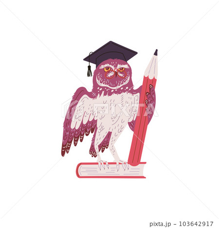 Seriously owl in glasses and graduation cap holding pencil and sitting on book flat style Seriously owl in glasses and graduation cap holding pencil and sitting on book flat style 103642917