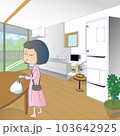 買物から帰ってきてキッチンに荷物を置く女性のベクターイラスト 103642925