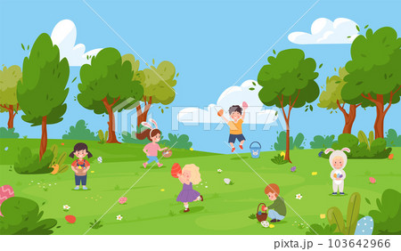 Cute children egg hunting in park, cartoon flat vector illustration. 103642966