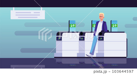 Man walking through subway turnstile, flat vector illustration. Man walking through subway turnstile, flat vector illustration. 103644597