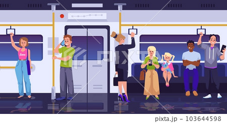 Vector Illustration of people standing, siting, talking at the phone in the subway train, metro Vector Illustration of people standing, siting, talking at the phone in the subway train, metro 103644598