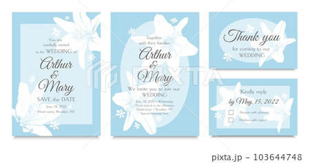 Set of vector wedding invitation templates with lily flowers and blue background Set of vector wedding invitation templates with lily flowers and blue background 103644748