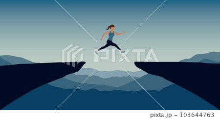 sporty woman successful jumping over a cliff on blue mountain landscape 103644763